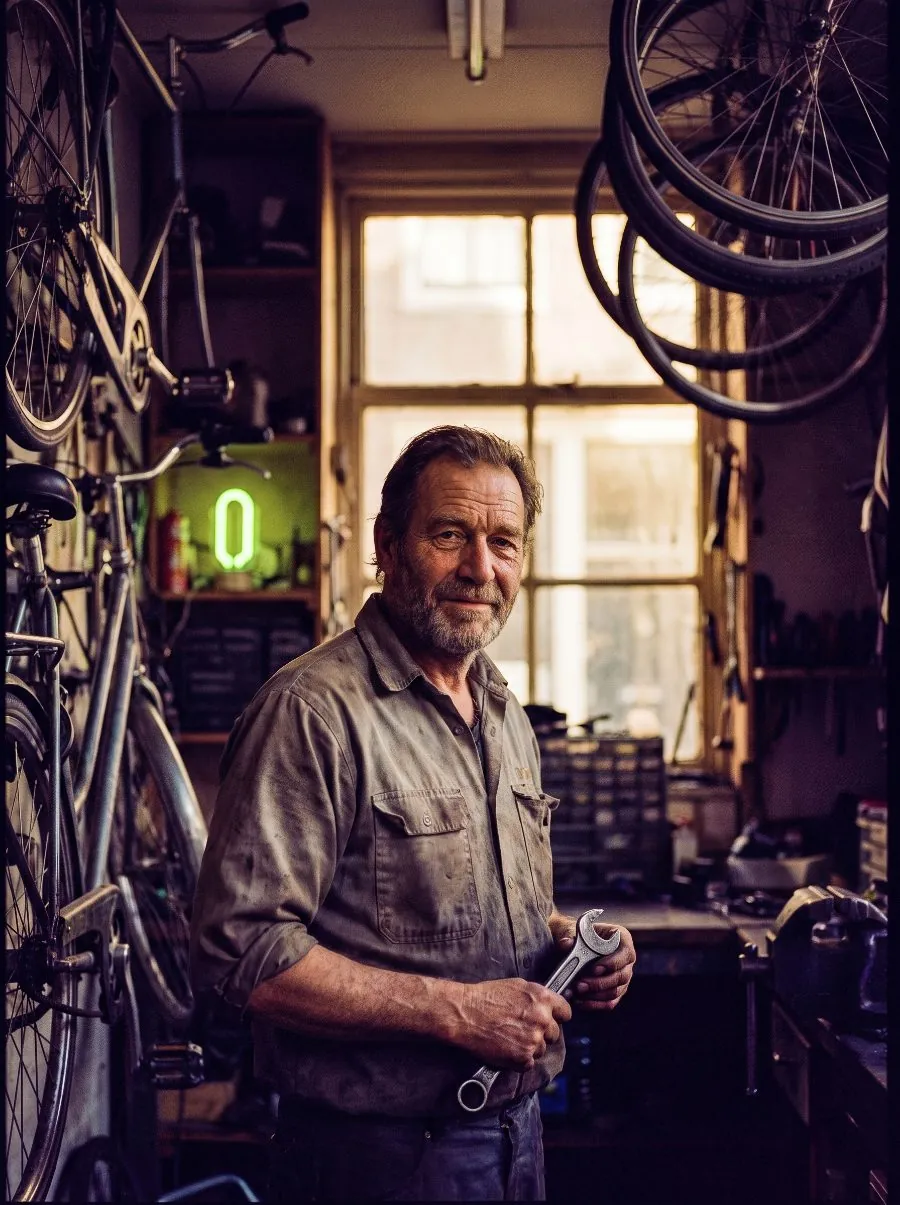 Fietsenmaker in zijn werkplaats
